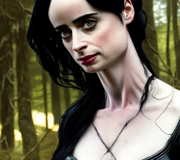 Image similar to 5 5 mm close up portrait photo of krysten ritter as yennefer of vengerberg in black leather armor and black hair, in a forest. magical atmosphere. art by greg rutkowski. lifelike. very detailed 8 k. intricate. soft light. nikon d 8 5 0.