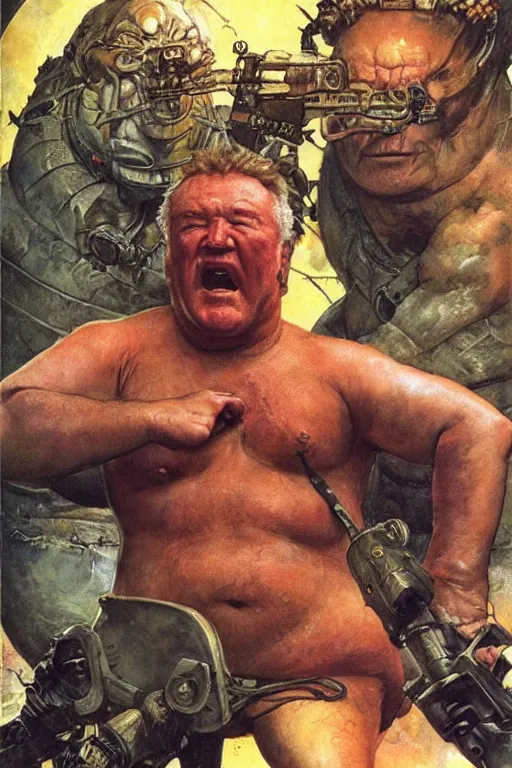 Image similar to focus on ray winstone as a fat scifi warrior exploring an alien temple, by norman rockwell and boris vallejo