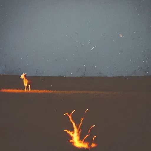 Prompt: “nighttime photograph of scarecrow cowboy and white pony standing in an empty field littered with trash and garbage while fireworks go off in the sky raining glowing burning embers falling from the night sky. Flash photo. 35mm. Cursed image.”