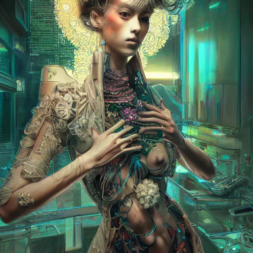 Image similar to the portrait of an absurdly beautiful, graceful, sophisticated, fashionable cyberpunk gravure idol, an ultrafine hyperdetailed illustration by kim jung gi, irakli nadar, intricate linework, neon colors, porcelain skin, unreal engine 5 highly rendered, global illumination, radiant light, detailed and intricate environment