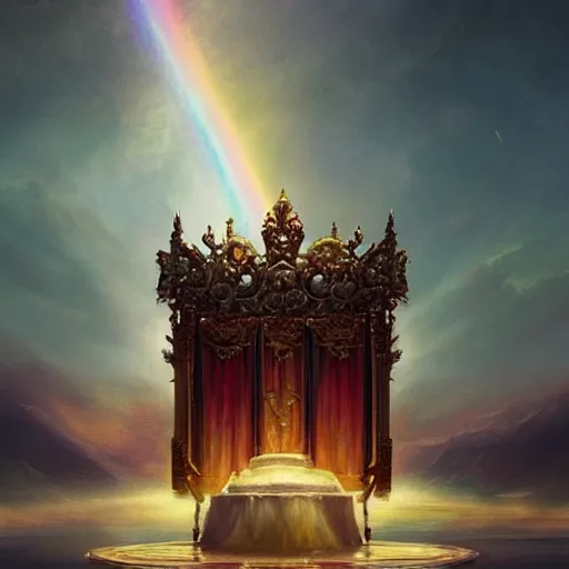 Image similar to a throne in heaven. On the throne sat someone who shone like a diamond or a ruby. Around the throne, a rainbow shone like an emerald. ,digital Art, hiperrealist Detailed, cinematographic, artstation Greg rutkowski