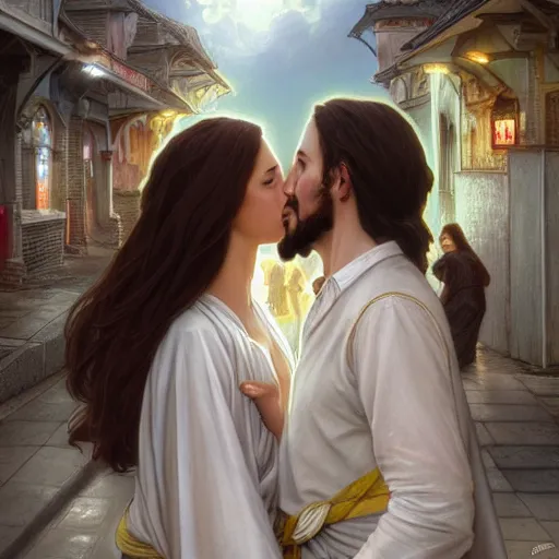 Image similar to jesus kissing a woman in a street, elegant, highly detailed, digital painting, artstation, concept art, matte, sharp focus, highly detailed, 4 k, hdr, smooth, sharp focus, high resolution, award - winning photo, photorealistic, art by artgerm and greg rutkowski and alphonse mucha, large shot