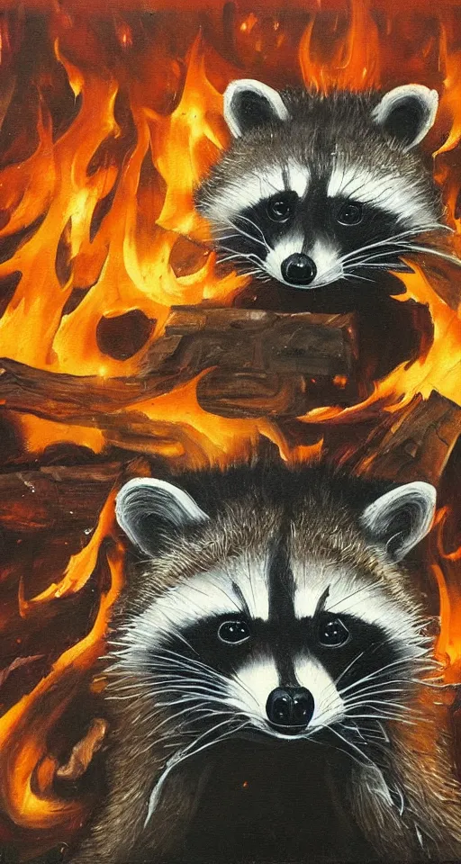 Prompt: bosch oil painting of a fire raccoon, apocalyptic