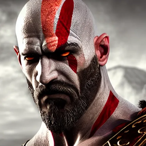 Prompt: kratos from god of war staring intently at a mobile phone