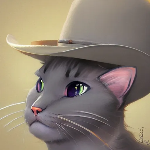 Prompt: a cowboy cat with a cowboy hat, Russian blue cat. By Makoto Shinkai, Stanley Artgerm Lau, WLOP, Rossdraws, James Jean, Andrei Riabovitchev, Marc Simonetti, krenz cushart, Sakimichan, trending on ArtStation, digital art.