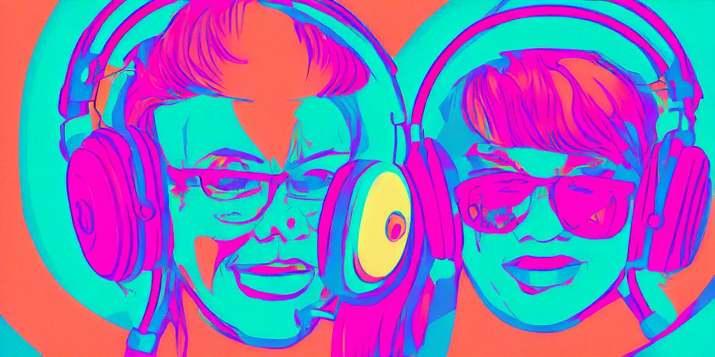 Prompt: “a closeup of a female face with headphones in retro colors, synthwave style, 2d digital vector art”