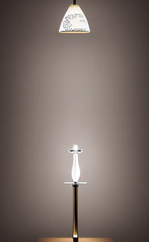 Image similar to table lamp containing a liquid, designed by hermes ( in the shape of perfume bottle ), advertising photography