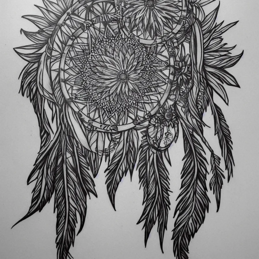 Image similar to Sunflower dreamcatcher tattoo prototype with strong tribal influences.