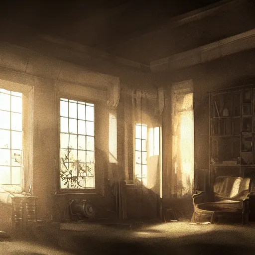 Image similar to a dark and dusty parlor. a dusty sunbeam shines into the room. 8 k, 4 k, digital art, artstation