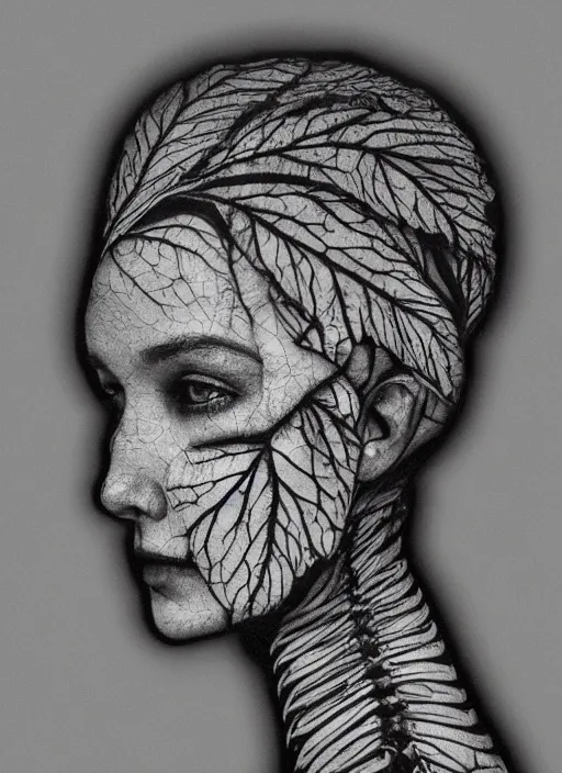 Image similar to a womans face in profile made of leaf skeleton in the style of the Dutch masters and Gregory Crewdson dark and moody