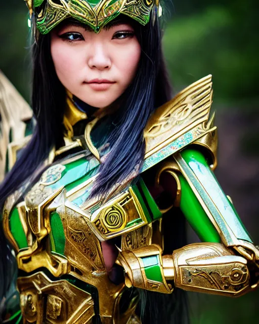 Image similar to a beautiful close up photo of a female Asian elf ranger with long hair and green eyes, no helmet, wearing green and gold futuristic mecha armor, with ornate rune carvings and glowing lining, very detailed, shot in canon 50mm f/1.2