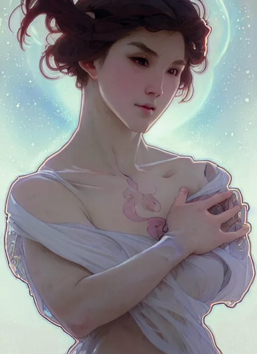 Image similar to digital character concept art by artgerm and greg rutkowski and alphonse mucha. clear portrait of a young wife blessed by god to uncontrollably become overwhelmingly perfect!! asian, fully clothed!!!, super feminine holy body!! light effect. hyper detailed, glowing lights!! intricate, elegant, digital painting, artstation, smooth, sharp focus