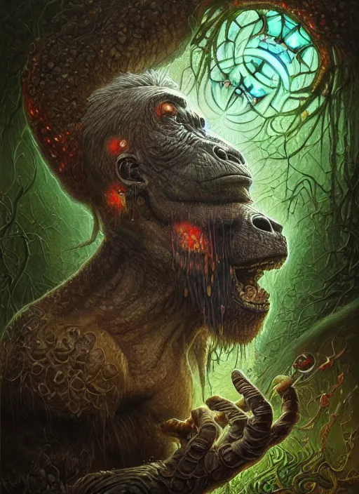 Image similar to deep jungle gorilla glowing reptile eyes, shamanic poster lsd art, intricate, elegant, highly detailed, centered, digital painting, artstation, concept art, smooth, sharp focus, illustration, artgerm, tomasz alen kopera, peter mohrbacher, donato giancola, joseph christian leyendecker, wlop, frank frazetta