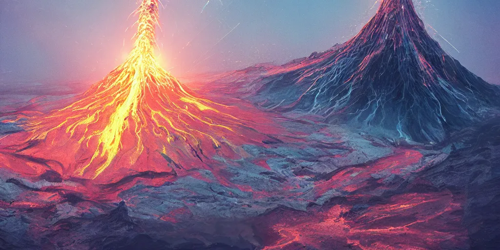 Prompt: fantasy painting of a volcano in the middle of a vast ocean, intricate abstract. delicate artwork. by tooth wu, wlop, beeple, dan mumford. octane render, trending on artstation, greg rutkowski very coherent symmetrical artwork. cinematic, hyper realism, high detail, octane render, 8 k, depth of field, bokeh. chrome accents.