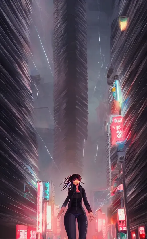 Image similar to tokyo street, lightning bolts in sky, dark sky by artgerm, illustration, trending on artstation, deviantart,