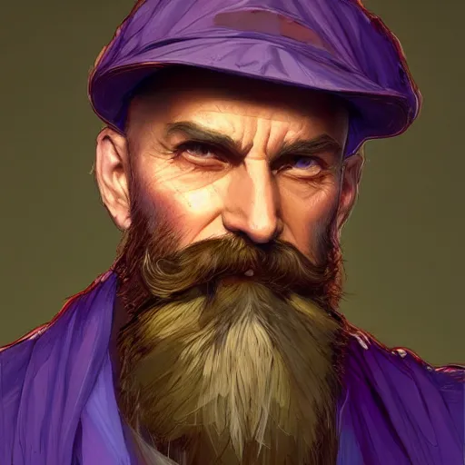 Image similar to bearded bald man with a purple cap, detailed, digital art, artstation, smooth, sharp focus, art by artgerm, greg rutkowski, alphonse mucha