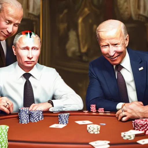 Prompt: UHD candid color photo of Putin, Klaus Schwab, and Biden playing poker, accurate faces, UHD, photorealistic, correct face, photo by Annie Leibowitz