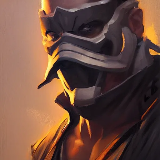 Image similar to greg manchess portrait painting of smoke from mortal kombat as overwatch character, medium shot, asymmetrical, profile picture, organic painting, sunny day, matte painting, bold shapes, hard edges, street art, trending on artstation, by huang guangjian and gil elvgren and sachin teng