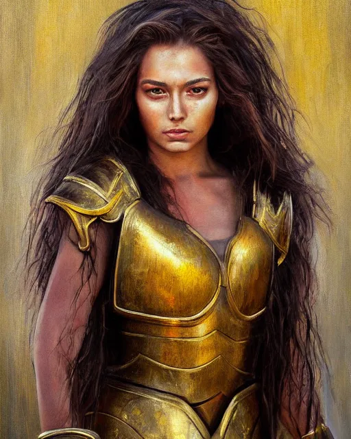 Image similar to beautiful female warrior, half body portrait, long flowing hair, heavy gold armour, realistic oil painting by Boris Valejo