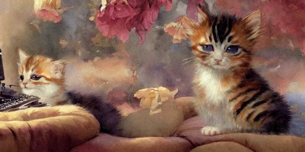 Prompt: a beautifull intricate watercolour painting of a cute kitten playing video games!! on a couch watching big screen television, warm colors, cinematic frame, contest, verry high details by william turner art, greg rutkowski and alphonse mucha, trending on artstation, very very detailed, masterpiece, vibrant colors