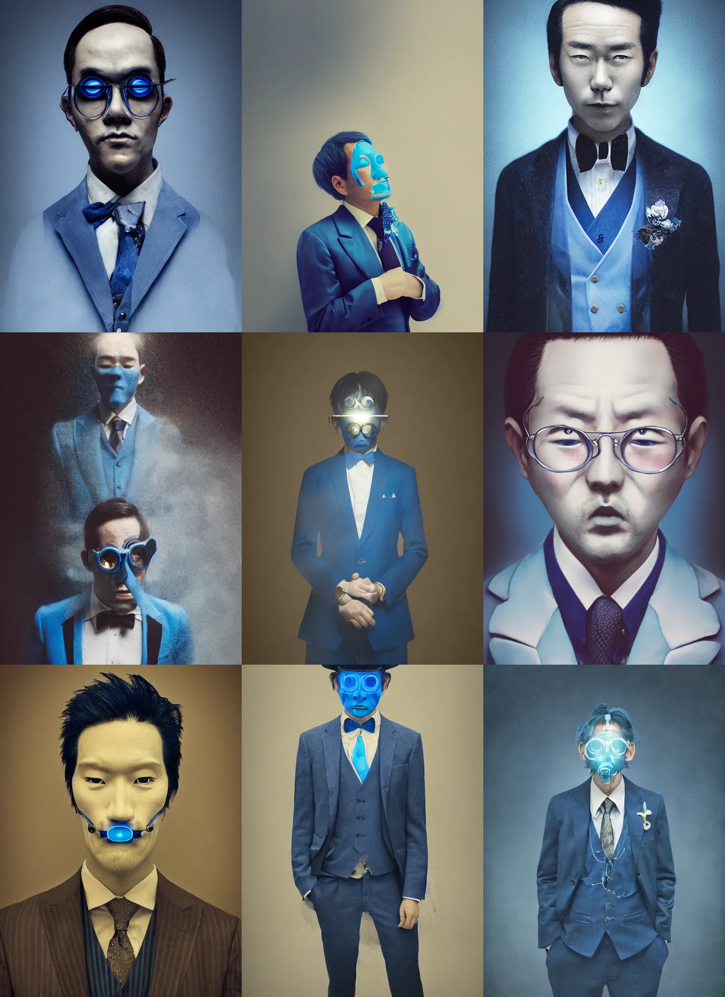 Prompt: man in a blue suit with a blue light on his face, a character portrait by Ryūsei Kishida,, trending on cgsociety, vanitas, made of mist, steampunk, mist