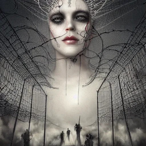 Prompt: By Tom Bagshaw, ultra realist soft painting of curiosity carnival by night, Heart attached in barbed wires, symmetry accurate features, very intricate details, ominous sky, black and white, volumetric light clouds