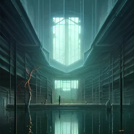 Image similar to professional ominous concept art architecture of a dark room with an indoor pond by artgerm and greg rutkowski. an intricate, elegant, highly detailed digital painting, concept art, smooth, sharp focus, illustration, in the style of simon stalenhag, wayne barlowe, and igor kieryluk.