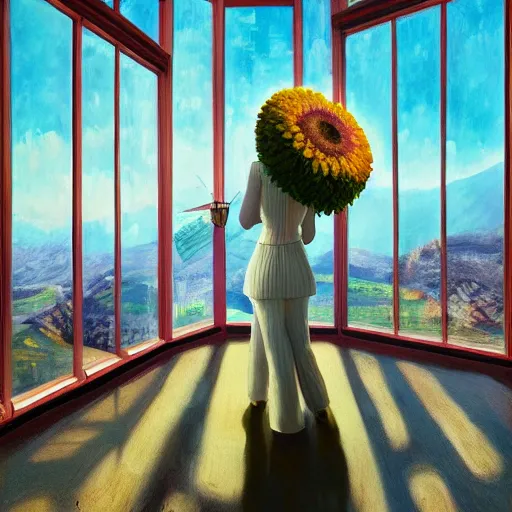 Image similar to giant daisy flower head, woman in suit, standing next to modern window in luxury loft, surreal photography, sunlight, impressionist painting, digital painting, artstation, simon stalenhag