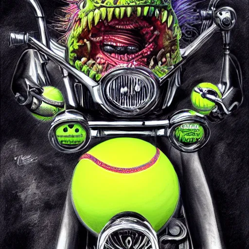 Prompt: a tennis ball monsteron a motorcyle harley davidson on a tennis court, digital art, fantasy, magic, chalk, trending on artstation, ultra detailed, professional illustration by basil gogos