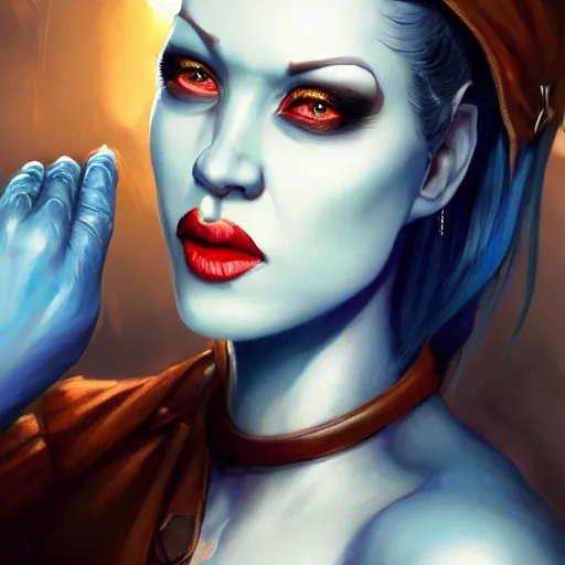 Prompt: shirley ann manson as a blue skinned tiefling, d & d, fantasy, portrait, highly detailed, headshot, digital painting, trending on artstation, concept art, sharp focus, illustration, art by artgerm and greg rutkowski and magali villeneuve