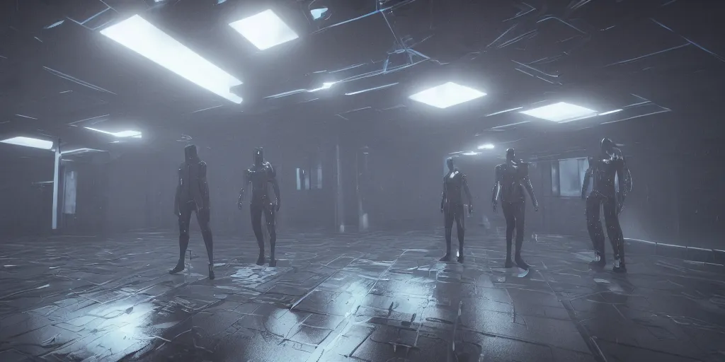 Image similar to sci - fi squad in wet cloaks, infiltrating on the ceiling at midnight storm, lightning, unreal engine 5