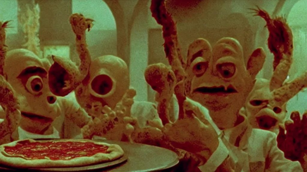 Prompt: the pizza creature eats, film still from the movie directed by wes anderson and david cronenberg with art direction by zdzisław beksinski and dr. seuss