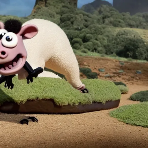 Prompt: a still of a t - rex in shaun the sheep, by aardman animation.