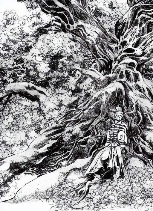 Prompt: a samurai resting beneath a giant tree, by takehiko inoue and kim jung gi and hiroya oku, masterpiece ink illustration