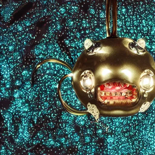 Image similar to A diamond encrusted killer anglerfish with jeweled teeth, dangling a light in front of it, the light is a dollar sign