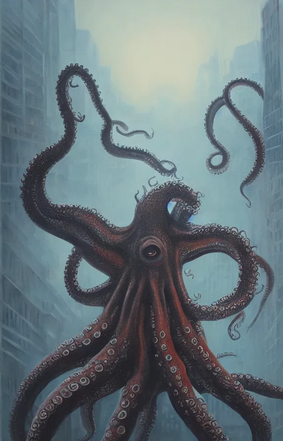 Prompt: a giant octopus monster moving through a foggy and dim city, extremely detailed!!! oil painting, dull palette