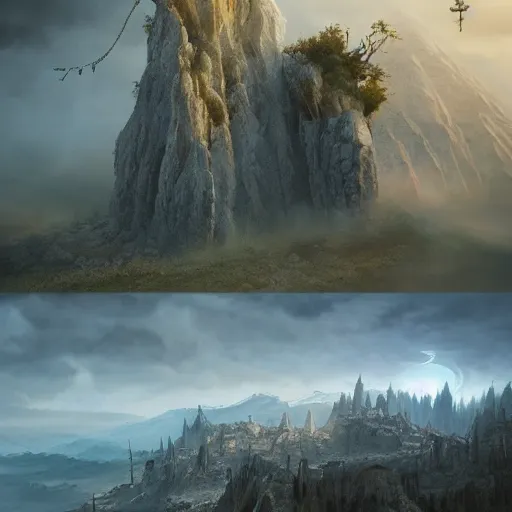 Image similar to a fantasy landscape, epic, concept art, 3 d, david noren, belzinski