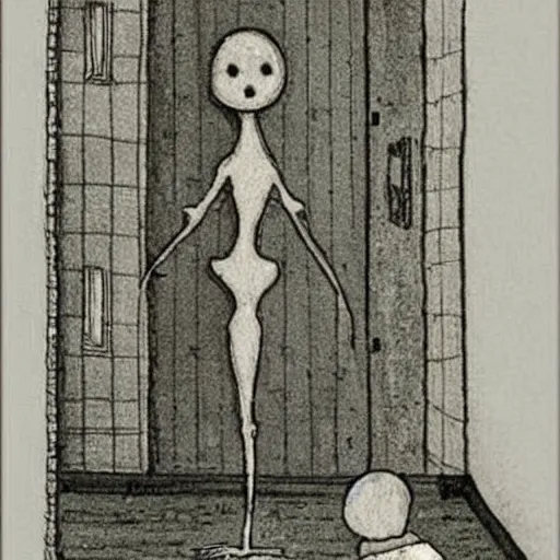 Image similar to “slenderman standing over a girl in a crib, style of Edward Gorey”