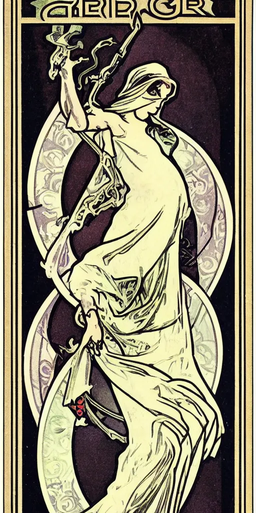 Image similar to an art deco illustration of the grim reaper on a tarot card with an elegant border by alphonse mucha