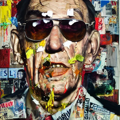 Image similar to hyperrealistic, photorealistic, mixed media oil painting of hunter s thompson, magazine scraps, plaster, blood, oil, mustard, splatter, greg rutkowski, basquiat, ralph steadman, wesley kimler, terry gilliam, andy warhol, dali