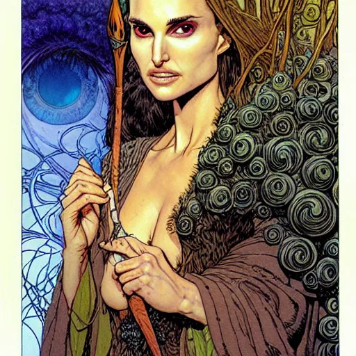 Image similar to a realistic and very beautiful and atmospheric portrait of natalie portman as a druidic wizard looking at the camera with an intelligent but seductive gaze by rebecca guay, michael kaluta, charles vess and jean moebius giraud