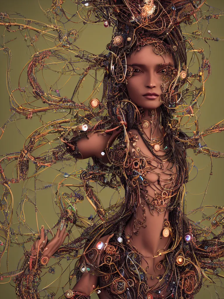 Image similar to a photo real centered image of a single beautiful tribal goddesses surrounded by intertwining bio - mech tendrils made of machine and robot parts and gemstones and leaves and feathers and incense smoke, full body, gorgeous face, perfect face, powerful, by james jean, by ross tran, 3 d, cinema 4 d render, trending on artstation, octane render, 8 k