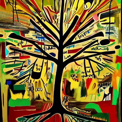 Image similar to foundation of conscience, tree of life, by emad and basquiat and macgyver, highly detailed, oil on canvas, featured on artstation