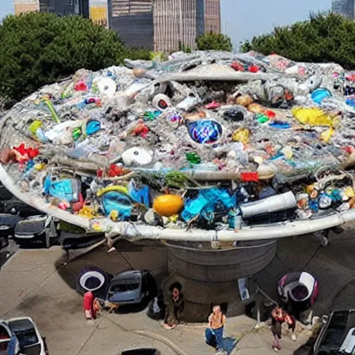 Prompt: enormous alien mothership made from plastic garbage