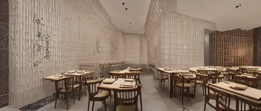 Image similar to a beautiful hyperdetailed interior render of roasted string hotpot restaurant restaurant yan'an, wall corner, from china, paper wall and white tile floor, with merchant logo, fine delicate structure, chinese style, simple composition, simple style structure decoration design, victo ngai, 4 k hd