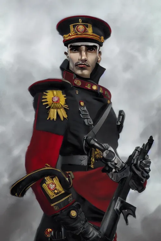 Image similar to Portrait of Male commissar. warhammer 40k setting. Shaded lighting. by Ilya Kuvshinov, Rob Rey, Giuseppe Dangelico Pino. Cinematic. Dark Lighting. Rule of Thirds. Imposing, pointing, heroic, detailed, realistic, 8k, photorealistic, detailed eyes, detailed background