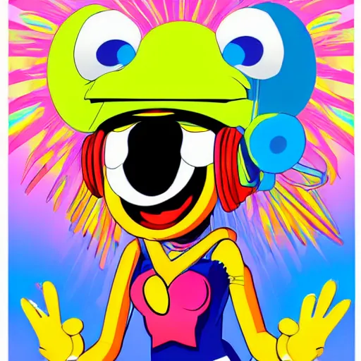 Prompt: artgerm, psychedelic laughing cybertronic muppet - baby, rocking out, headphones dj rave, digital artwork, r. crumb, svg vector