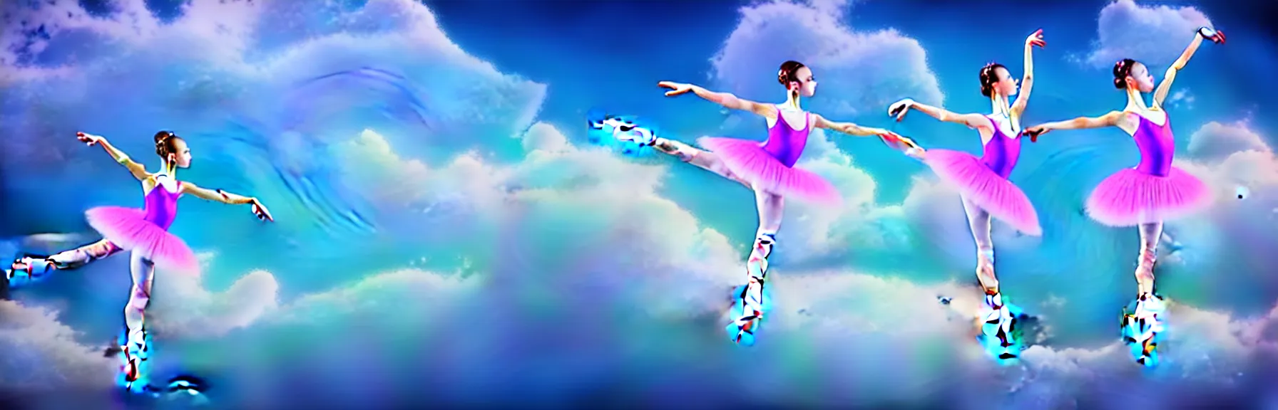 Prompt: two beautiful ballerina girls dancing in the cloud in acrobatic poses; dreamy sky, ultrarealistic, photorealistic, 8K