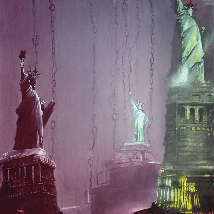 Image similar to statue of liberty in long large chains in underground city, red and purple palette, volume light, fog, by ( h. r. giger ) and paul lehr