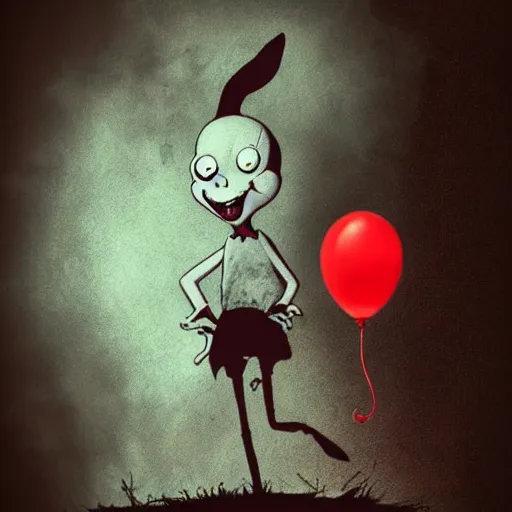 Prompt: grunge painting of bugs bunny with a wide smile and a red balloon by tim burton, loony toons style, pennywise style, corpse bride style, rick and morty style, creepy lighting, horror theme, detailed, elegant, intricate, conceptual